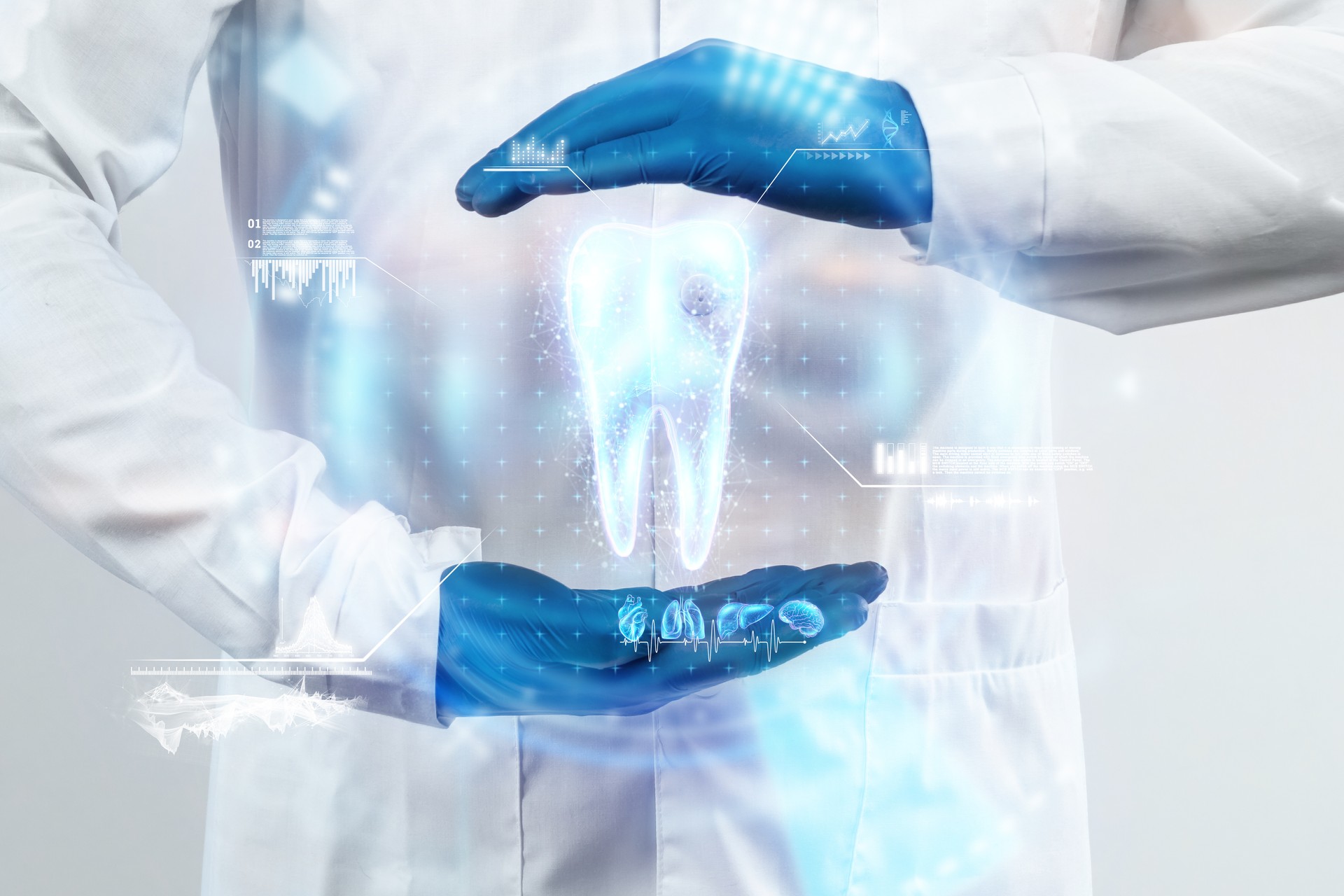 The dentist looks at the hologram of the tooth, checks the test result on the virtual interface and analyzes the data. Concept for innovative technologies, medicine of the future, tooth snapshot